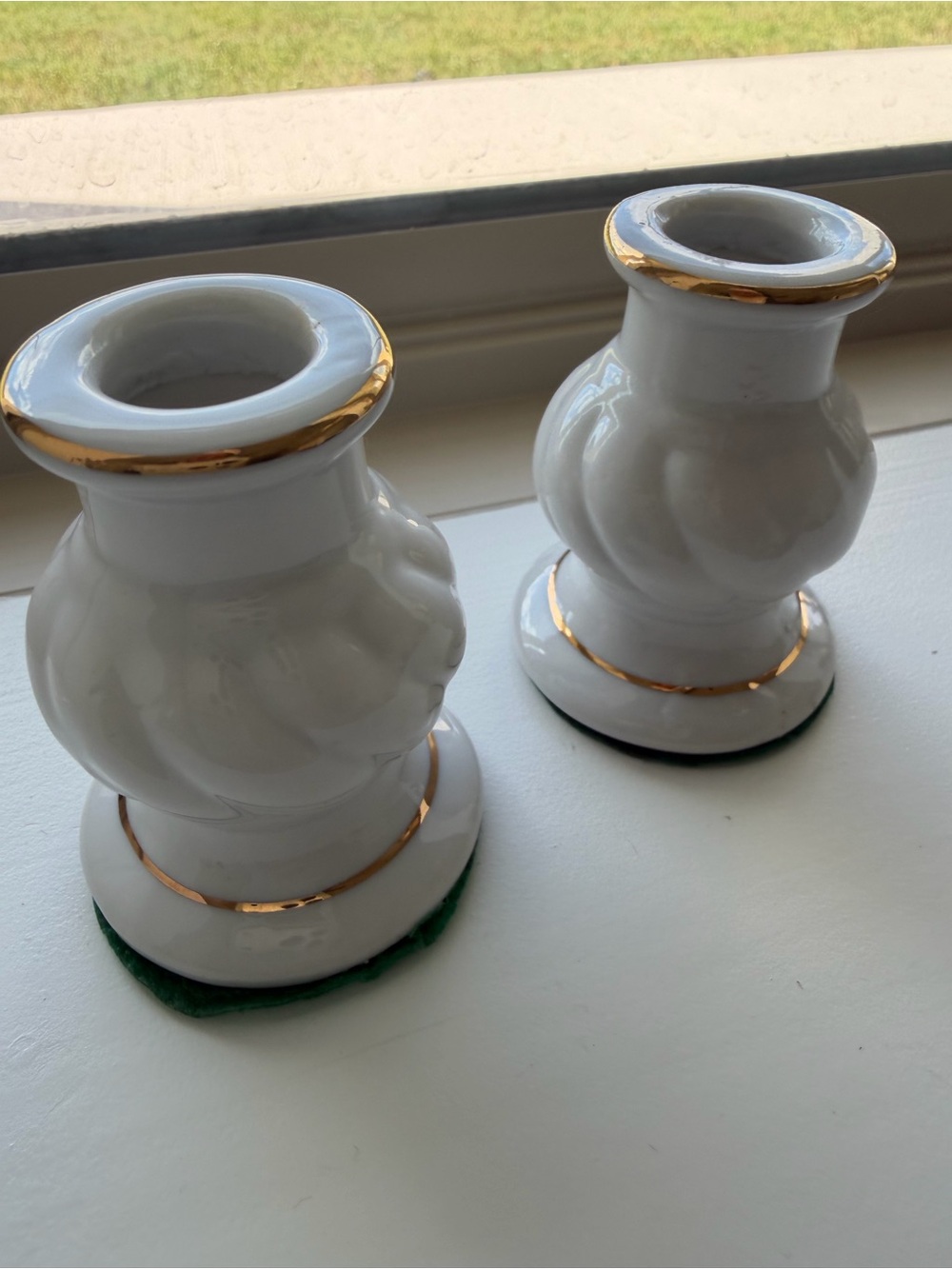 White Ceramic Candle Holders with Gold Trim - Home Accents
